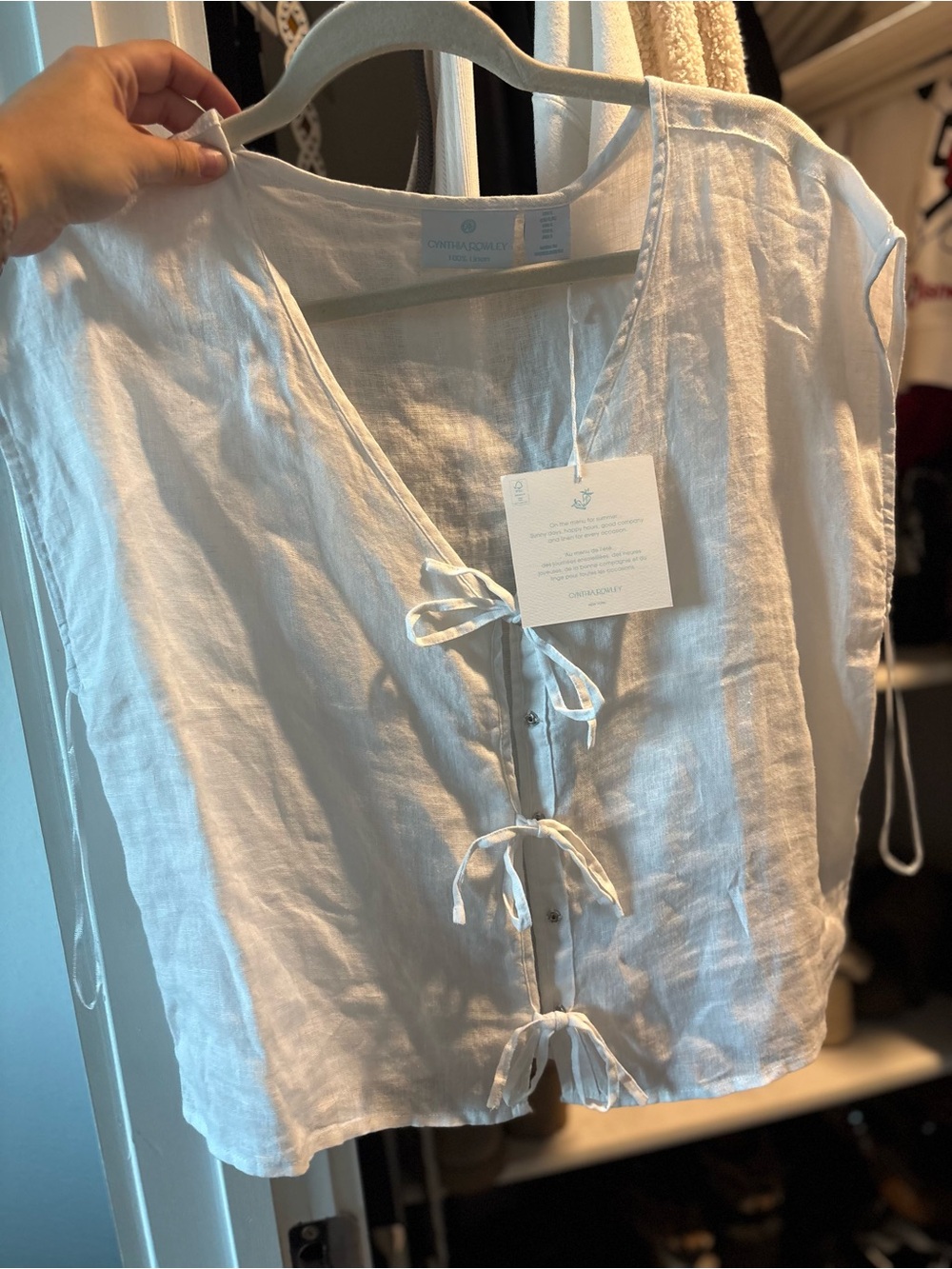 Cynthia Rowley White Linen Tie-Front V-Neck Tank